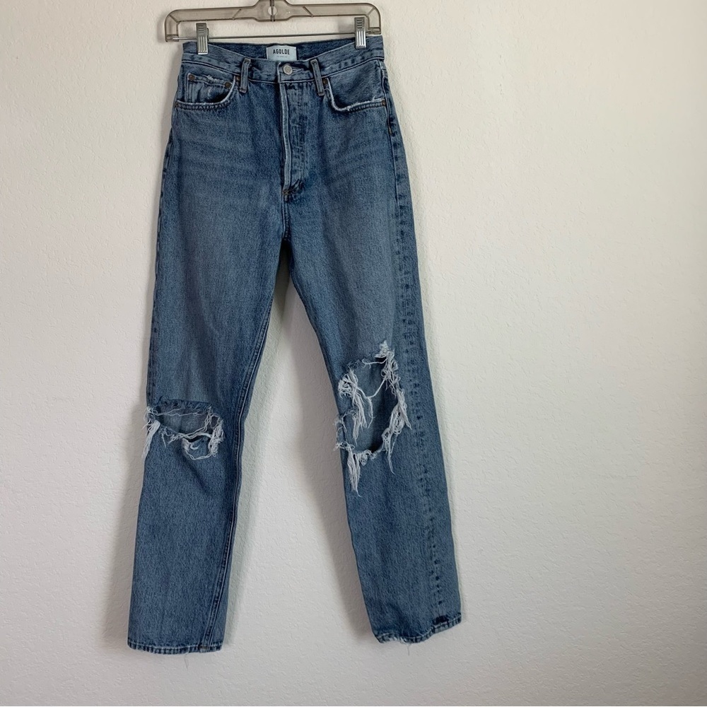Agolde Womens blue 90s pinch waist distressed knee straight leg jeans 26